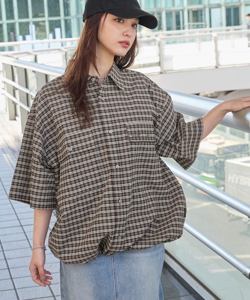 HECT】Big W-pocket Draw Cord Seersucker Check S/S Shirt / ビッグ