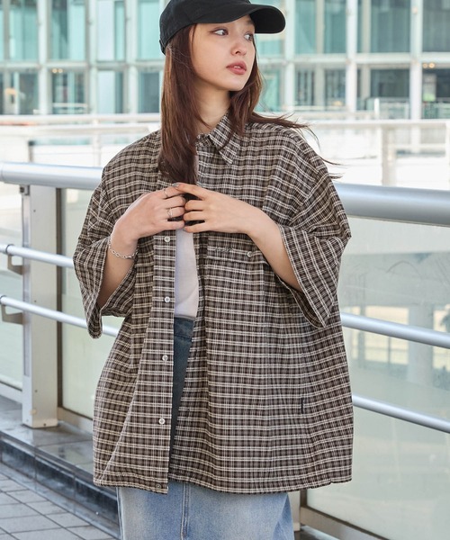 HECT】Big W-pocket Draw Cord Seersucker Check S/S Shirt / ビッグ