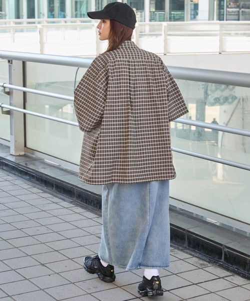 HECT】Big W-pocket Draw Cord Seersucker Check S/S Shirt / ビッグ