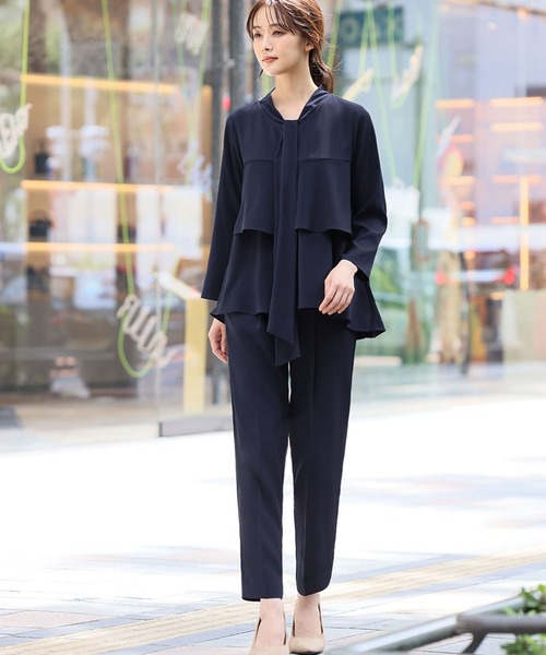 セール】ボウタイティアードブラウス テーパードパンツ セットアップ