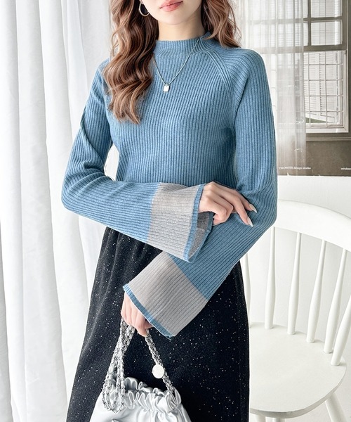 セール】動くたび大人フェミニン。袖ラメシアーハイネックリブニット