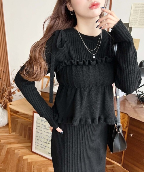 セール】シャーリングギャザーリボンキャミ＋ニットワンピースセット