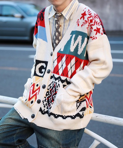 セール】【HOOK】パッチワーク柄ニットカーディガン（カーディガン