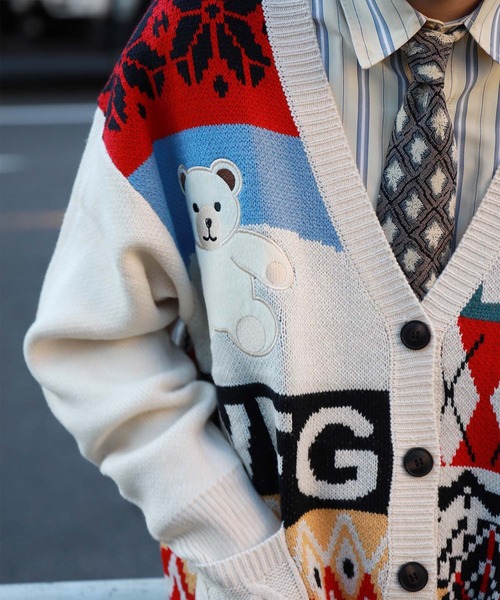 セール】【HOOK】パッチワーク柄ニットカーディガン（カーディガン