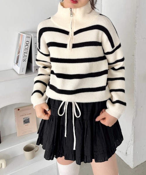 セール】ハーフジップボーダーニットトップス（ニット/セーター