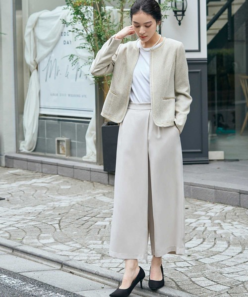 セール】ノーカラー ツイードジャケット 巻きスカート風 ワイドパンツ