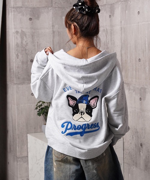 セール】フレンチブルドッグ サガラ刺繍 ジップパーカー / French