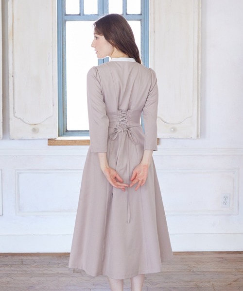 ヨークレース切替レースアップ長袖ワンピース（ワンピース）｜tocco