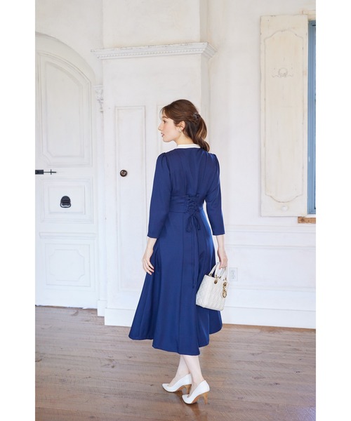 ヨークレース切替レースアップ長袖ワンピース（ワンピース）｜tocco