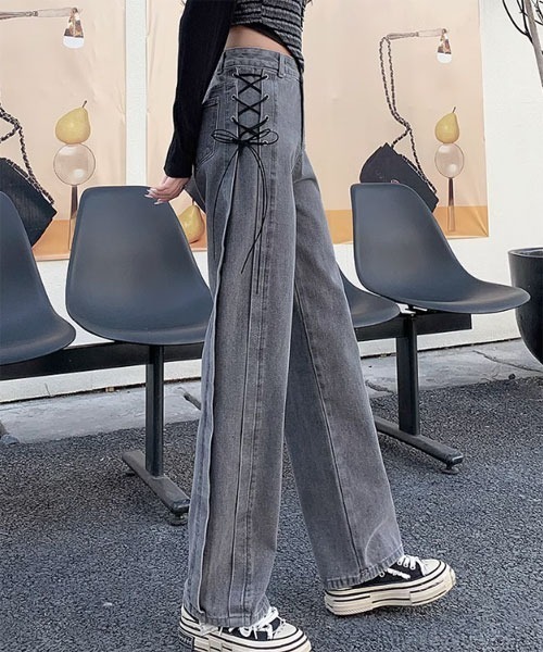 セール】【Mayree】サイド 編み上げ デザイン リボン デニムパンツ