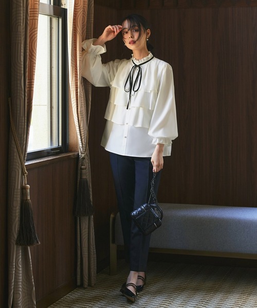 洗える ｜ バイカラーリボンティアードフリルブラウス ｜ 長袖