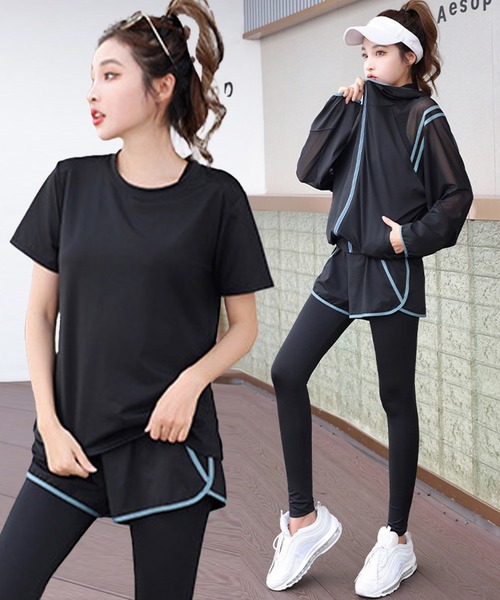 フィットネス4点セット】レディース ヨガウェア ブラ+パーカー+Tシャツ