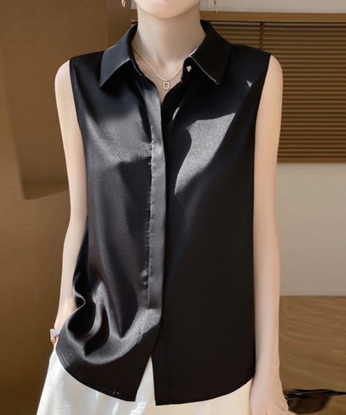 レディース きれいめサテン風ノースリーブブラウス ［大きいサイズ有