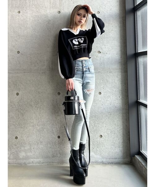 ハイウエストバッククロスダメージスキニーデニムパンツ（デニムパンツ