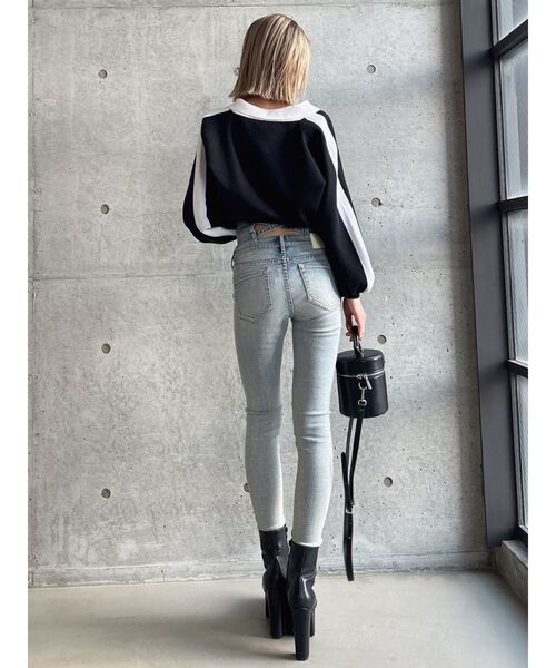 ハイウエストバッククロスダメージスキニーデニムパンツ（デニムパンツ