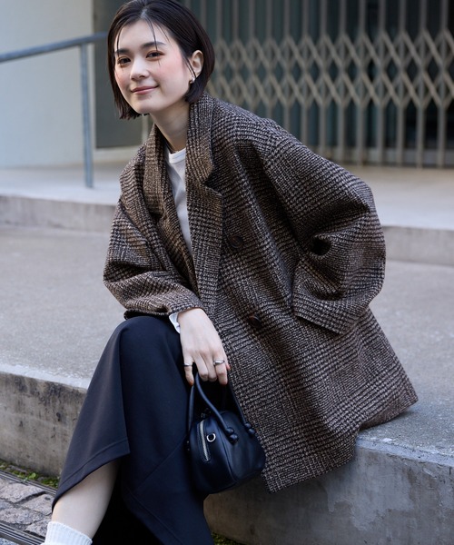 グレンチェック ダブルブレスト コクーンスリーブショート丈コート