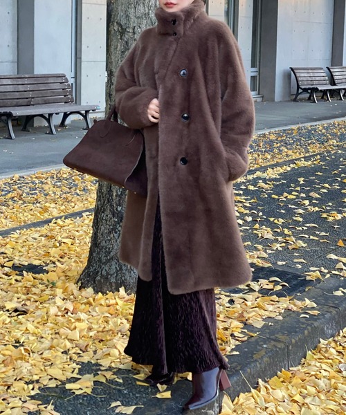 stand collar fur coat /スタンドカラーボタンファーミドルコート