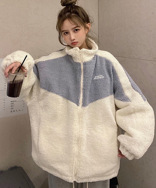 セール】オーバーサイズ スタンドカラー フリース ボア ジャケット