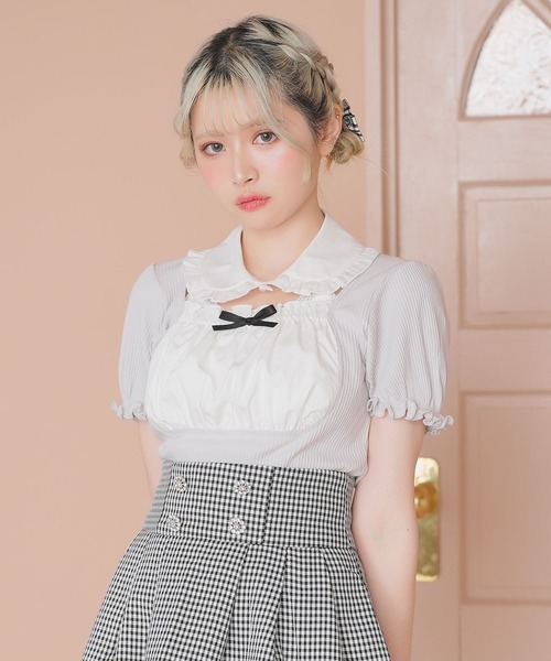襟付きリボンヨークカットトップス（Tシャツ/カットソー