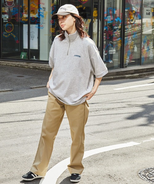 CODDERR】ロゴ刺繍 ハーフジップ ビッグシルエット裏毛半袖プル