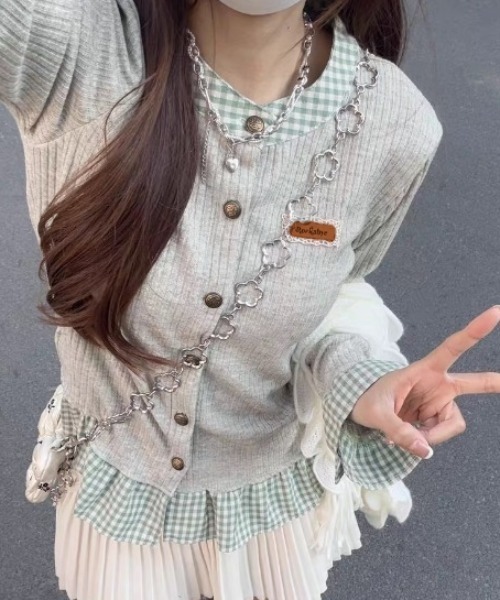 セール】配色チェック切替リブニットカーディガン（丸首/シャツカラー