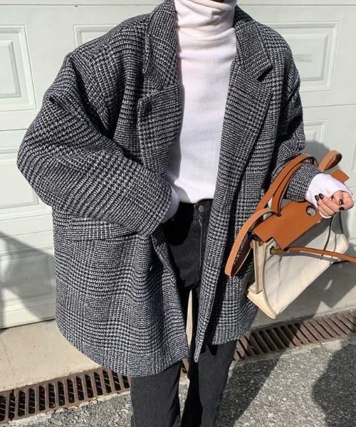 セール】チェック柄ダブルハーフコート /裏キルティング ショート