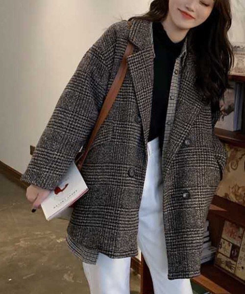 セール】チェック柄ダブルハーフコート /裏キルティング ショート