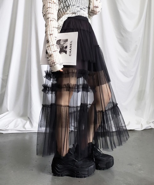 セール】【10color／裏地付 】アシメフリルシースルーボリューム