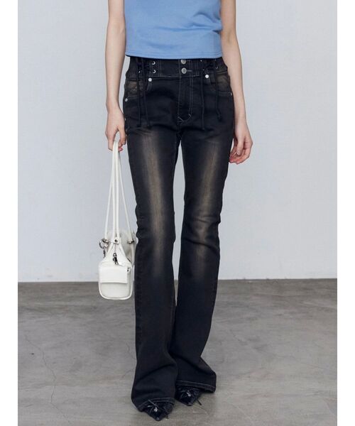 セール】ハングレースアップハイウエストパギンス（デニムパンツ