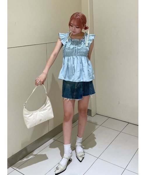 セール】RIBBON ARM FRILL TOPS リボン アーム フリル トップス 夏服