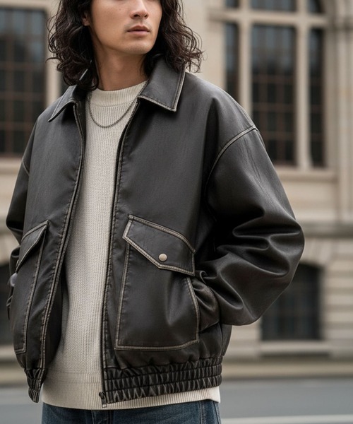 セール】ヴィンテージ フェイクレザー 中綿入り ライダースブルゾン