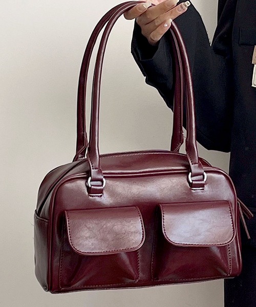 セール】韓国ファッションフラップダブルポケットのレザータッチ