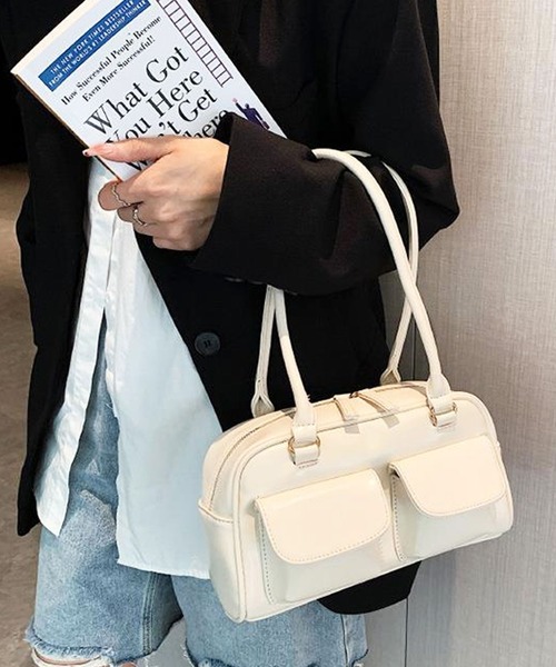 セール】韓国ファッションフラップダブルポケットのレザータッチ