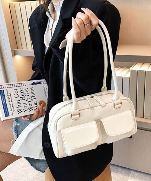 セール】韓国ファッションフラップダブルポケットのレザータッチ