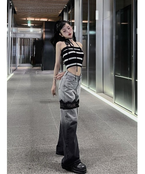 スカラップレースデニムロングパンツ（デニムパンツ）｜Darich