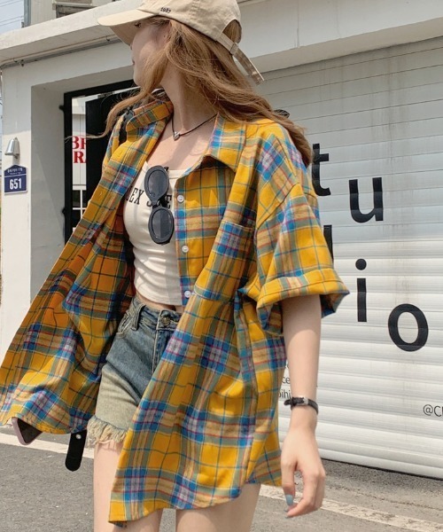 セール】チェック柄オーバーサイズ半袖シャツ/トップス（シャツ