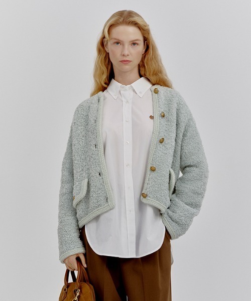 セール】金釦テディラメニットジャケット（ノーカラージャケット