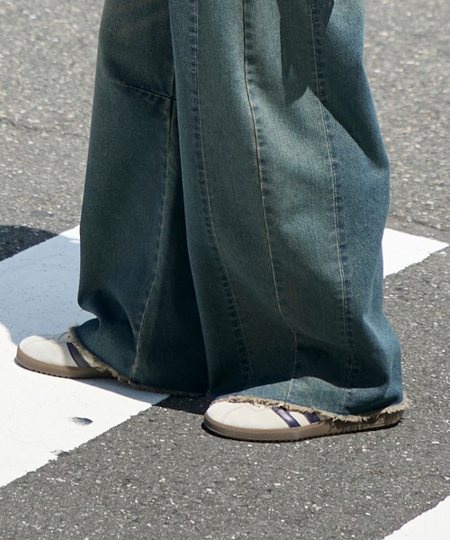 forksy.】リメイク風 サイド切り替え デニムカーブパンツ（デニム