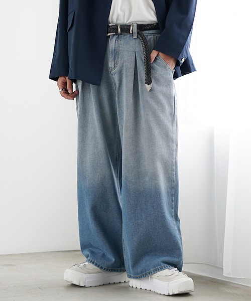 MinoriTY】グラデーショチルワイドデニム ワイドパンツ セミフレア