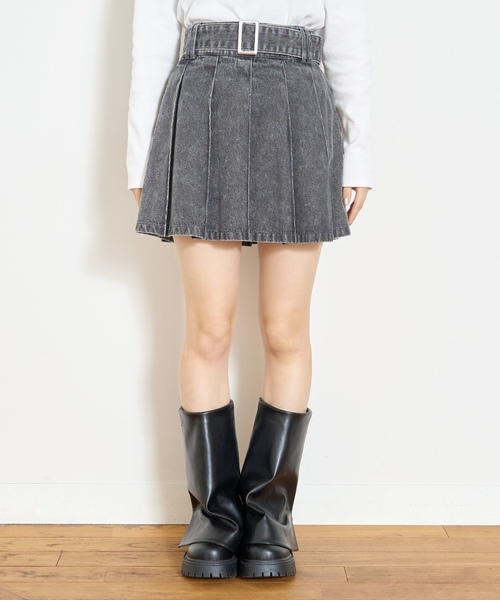 セール】【LTXC】美脚見えベルトつきデニムプリーツスカート（スカート