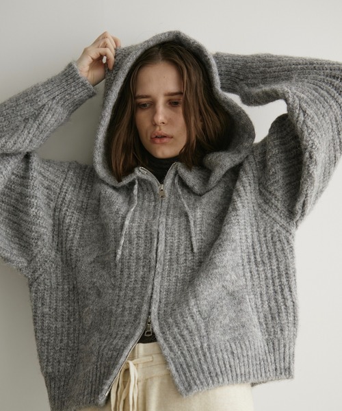 セール】ケーブル編みダブルジップニットパーカー（カーディガン