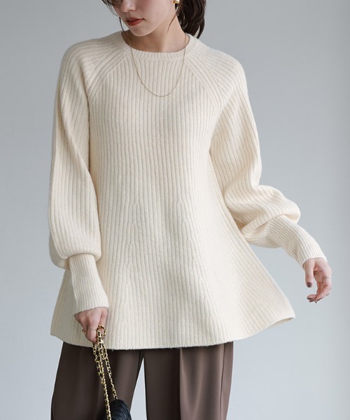 セール】ふんわりウォッシャブルボリューム袖フレアニット（ニット