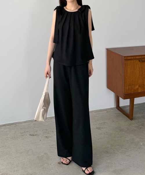 セール】リネン混肩リボンバックオープンセットアップ（セットアップ