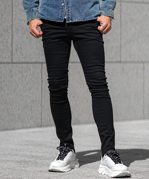 セール】【SOMEDIFF】極細 ストレッチスキニーデニムパンツ ブラック系