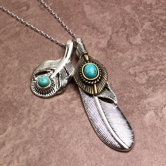 kw Creema限定 フェザーダブル ターコイズ ネックレス メンズ 送料無料