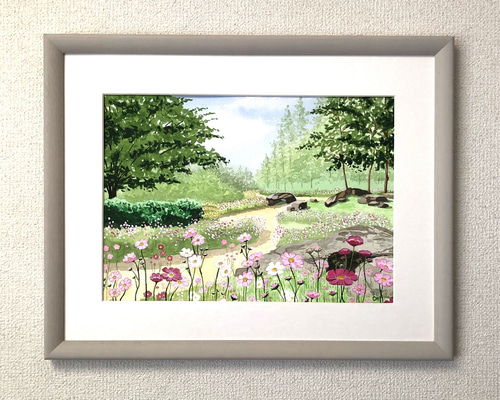 透明水彩画 原画 「コスモスの川辺」額縁付き F4サイズ 風景画 透明