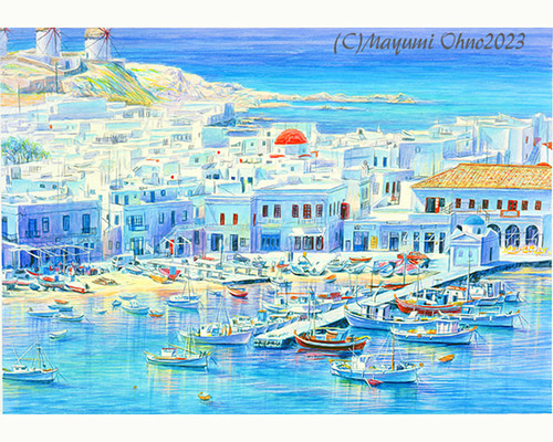 額装済イタリアで版画化 ミコノス島 ギリシャ エーゲ海 ヨーロッパ