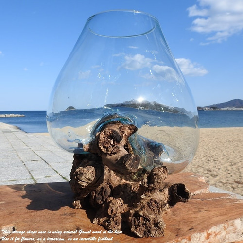 吹きガラスと天然木のオブジェXL 金魚鉢 メダカ 水槽 アクアリウム