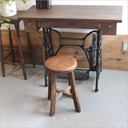 丸椅子 木製 アンティーク おしゃれ ケヤキ材 無垢材 リメイク品