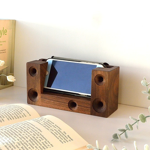 木製スマホスタンド ウォールナット スマホスピーカー 手帳型 ソフト
